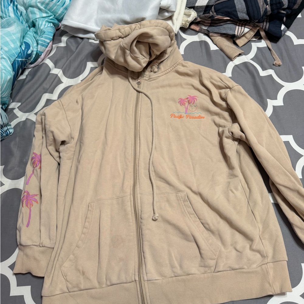 Forever 21 Tan Hoodie Jacket with Pink Palm Design